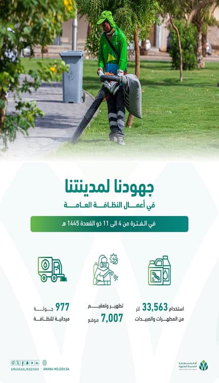 أمانة المدينة المنورة تُنفّذ أعمال تطهير وتعقيم 7007 موقعاً خلال الأسبوع الماضي