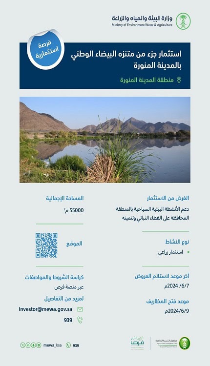 وزارة البيئة تُعلن عن فرصة استثمارية فريدة في منتزه البيضاء الوطني بالمدينة المنورة