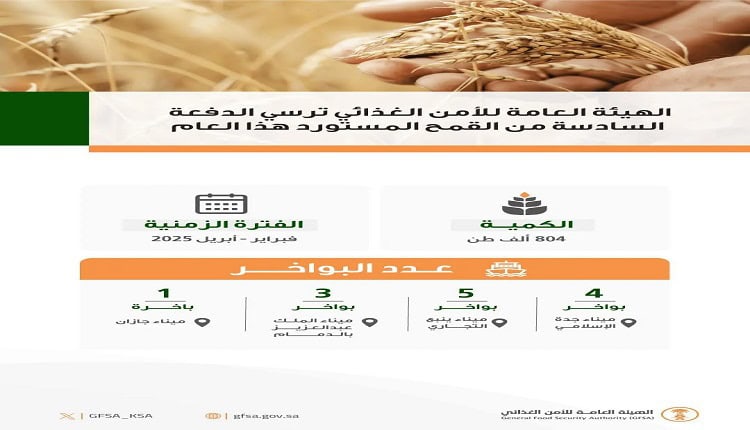 "الأمن الغذائي السعودية" ترسي الدفعة السادسة من القمح المستورد لعام 2024