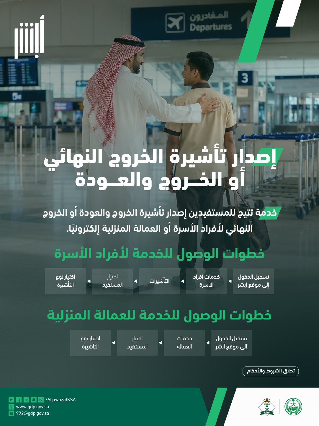 الجوازات تكشف خطوات وشروط إصدار الخروج النهائي عبر "أبشر"